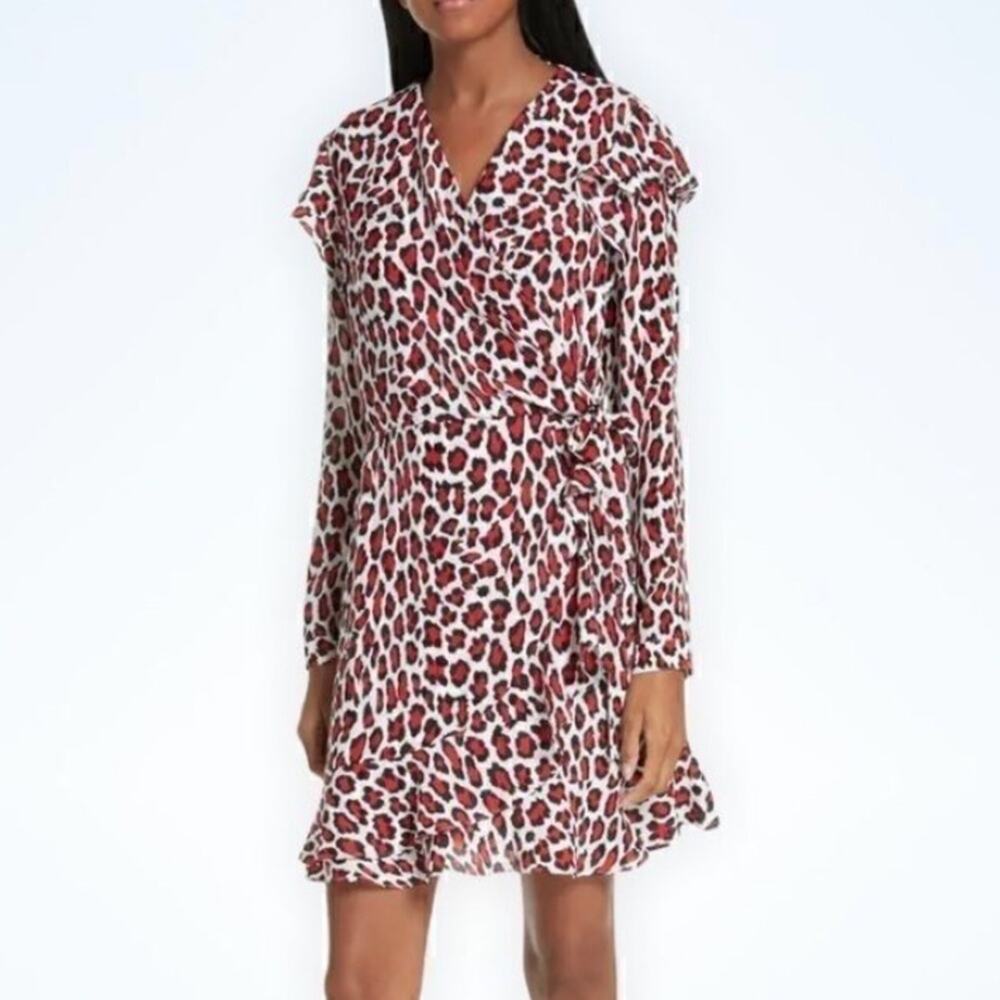 Robert Rodriguez red white black leopard faux wrap dress size 0‎ NWT